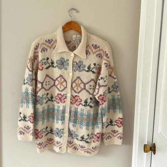 Vintage Express Angora Handknit Cardigan Silk Angora Size Large 90s Tradwife - Picture 1 of 11